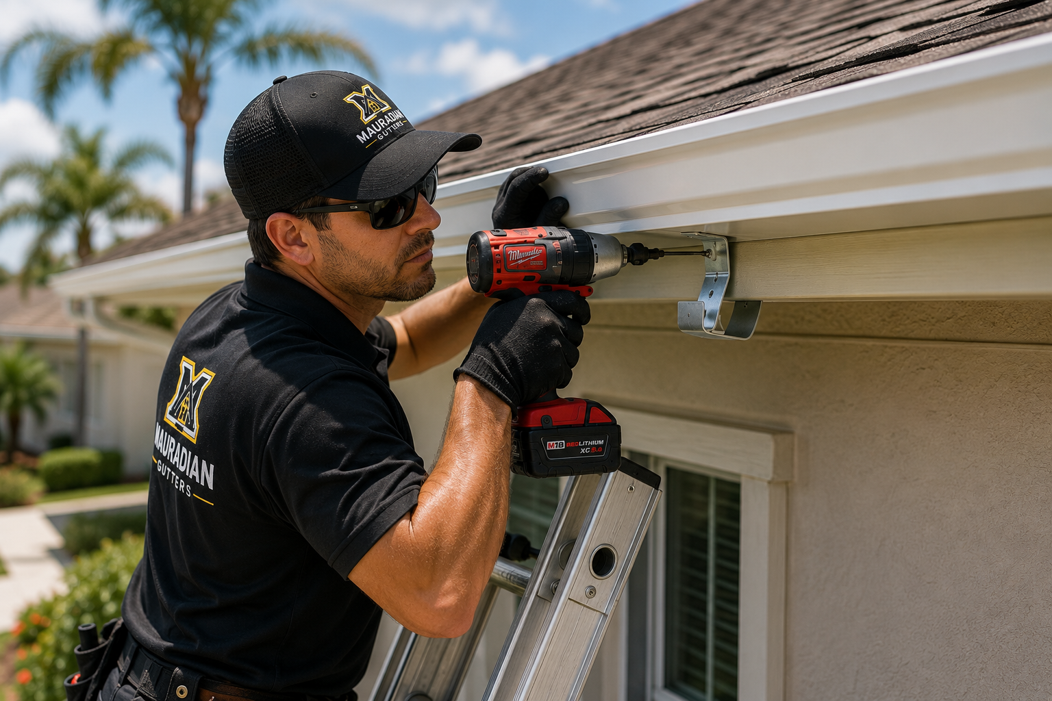 Mauradian Gutters professional installer securing a gutter system