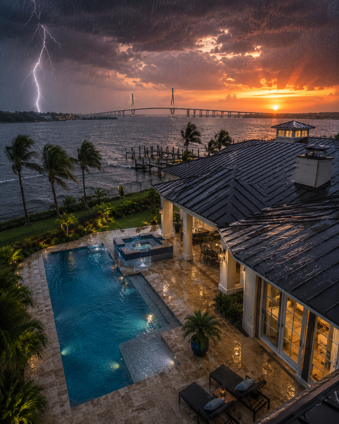 Storm over a Florida waterfront home with bridge, rain and lightning